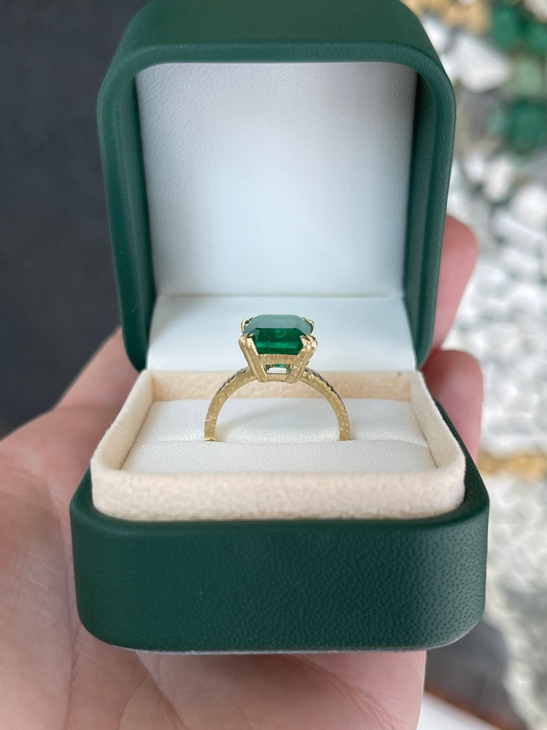 4.45ct 18K Matte Hammered Gold Rich Dark Green Rustic Double Claw Prong Emerald Cut Solitaire Ring - JR Colombian Emeralds