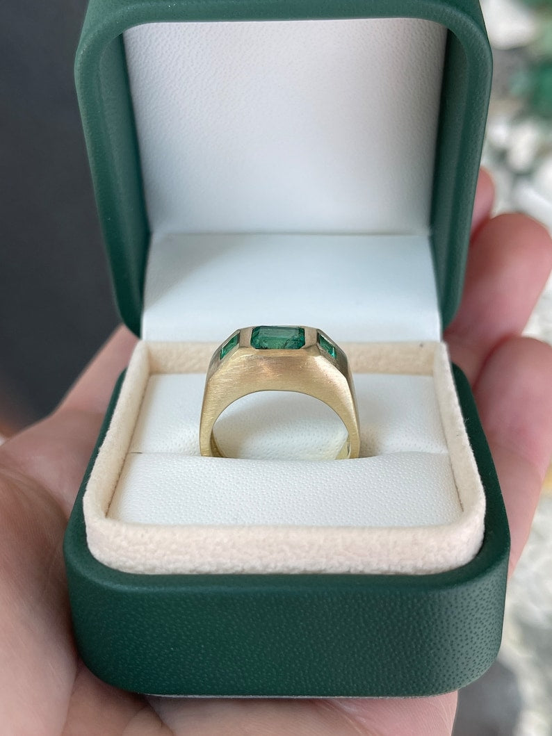 1.94tcw 14K Asscher & Princess Cut 3 Stone Unisex Matte Gold Finish Ring - JR Colombian Emeralds