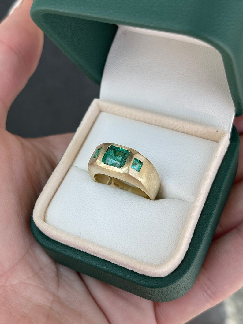 1.94tcw 14K Asscher & Princess Cut 3 Stone Unisex Matte Gold Finish Ring - JR Colombian Emeralds