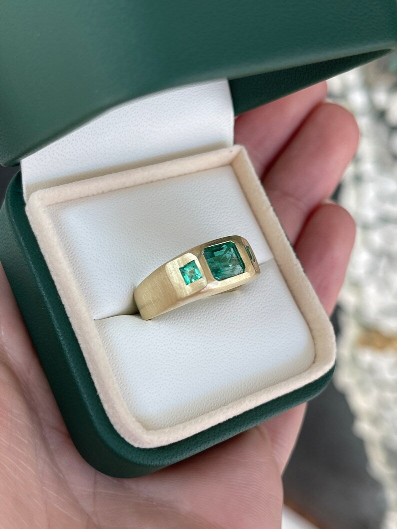 1.94tcw 14K Asscher & Princess Cut 3 Stone Unisex Matte Gold Finish Ring - JR Colombian Emeralds