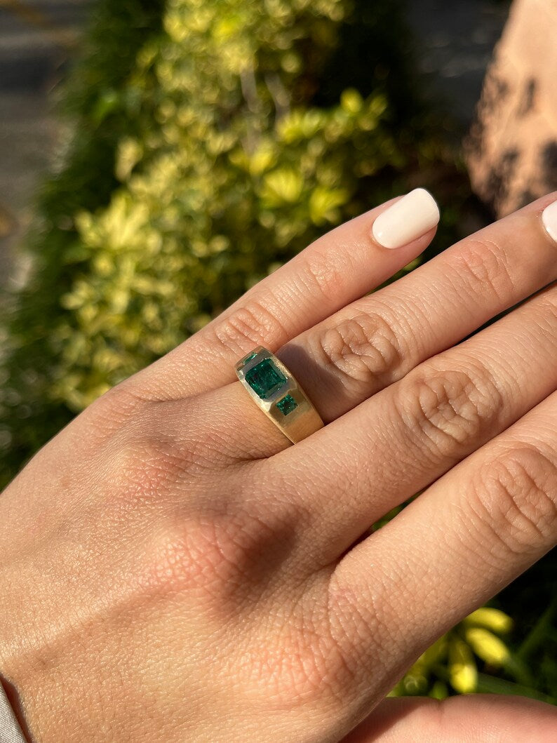 1.94tcw 14K Asscher & Princess Cut 3 Stone Unisex Matte Gold Finish Ring - JR Colombian Emeralds