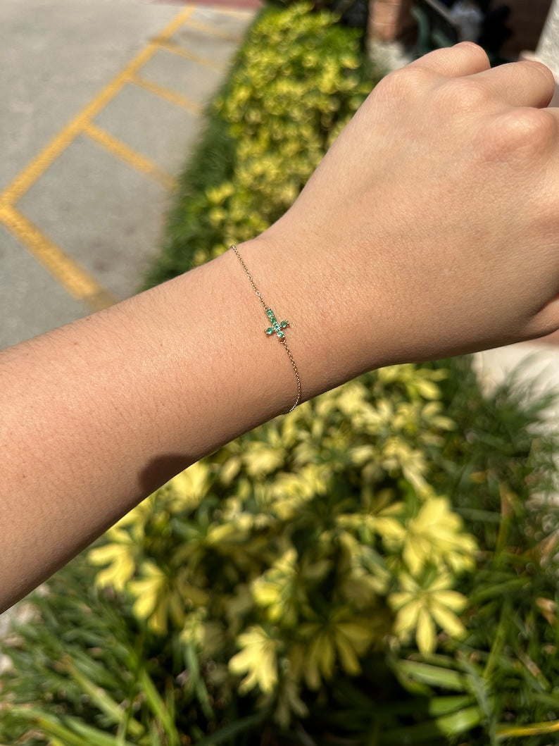 Vivid Medium Green Natural Emerald Cross Bracelet