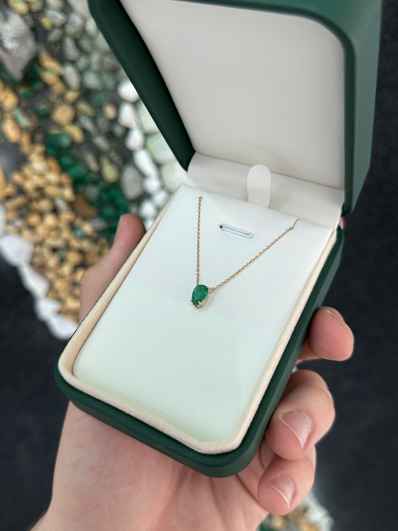 0.75ct 14K Gold Medium Dark Green Natural Pear Cut Emerald Pendant Necklace - JR Colombian Emeralds