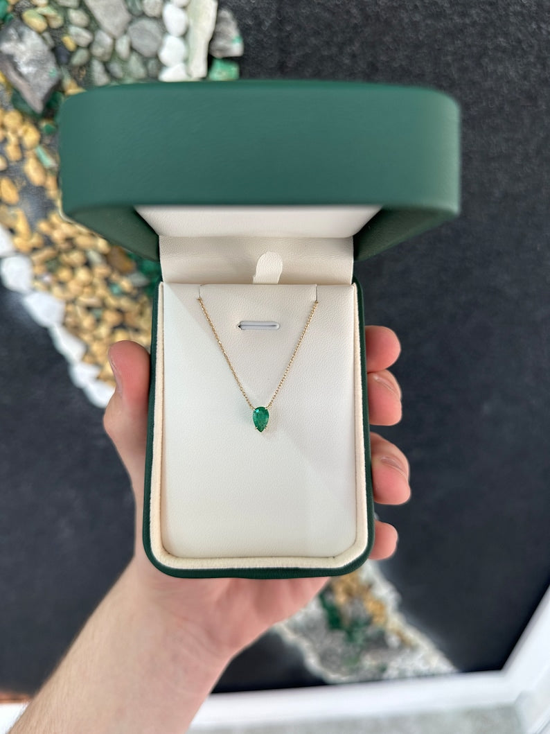 0.75ct 14K Gold Medium Dark Green Natural Pear Cut Emerald Pendant Necklace - JR Colombian Emeralds