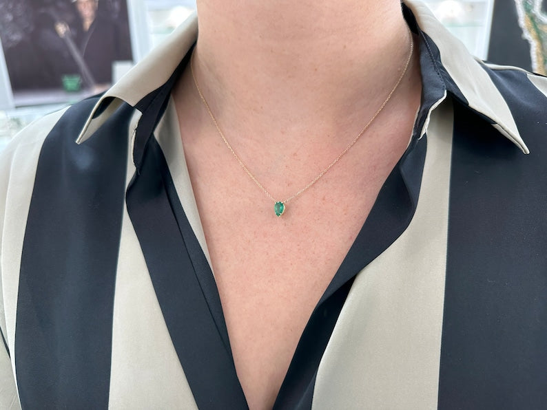 0.75ct 14K Natural Pear Cut Emerald Pendant Necklace
