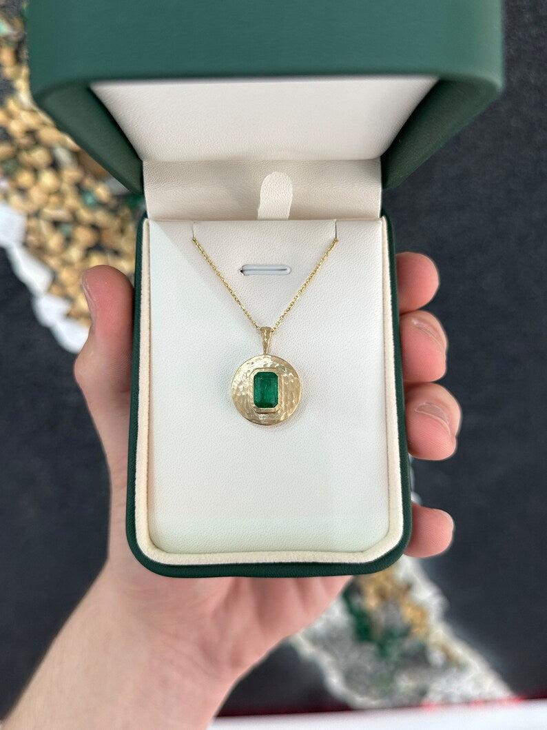 4.45ct 14K Gold Lust Vibrant Green Natural Emerald Cut Solitaire Pendant Necklace - JR Colombian Emeralds