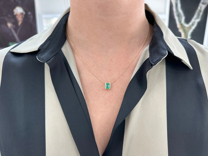 1.90 carat Medium Lush Rich Green Stationary Adjustable Chain Emerald Cut Bezel Women Necklace 14K Solid Gold