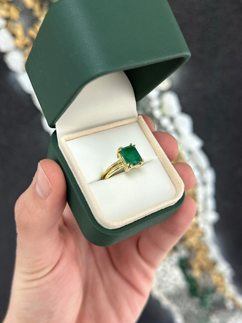 3.28ct 18K Gold Deep Dark Green Emerald Cut 4 Double Prong Setting Solitaire Gold Ring