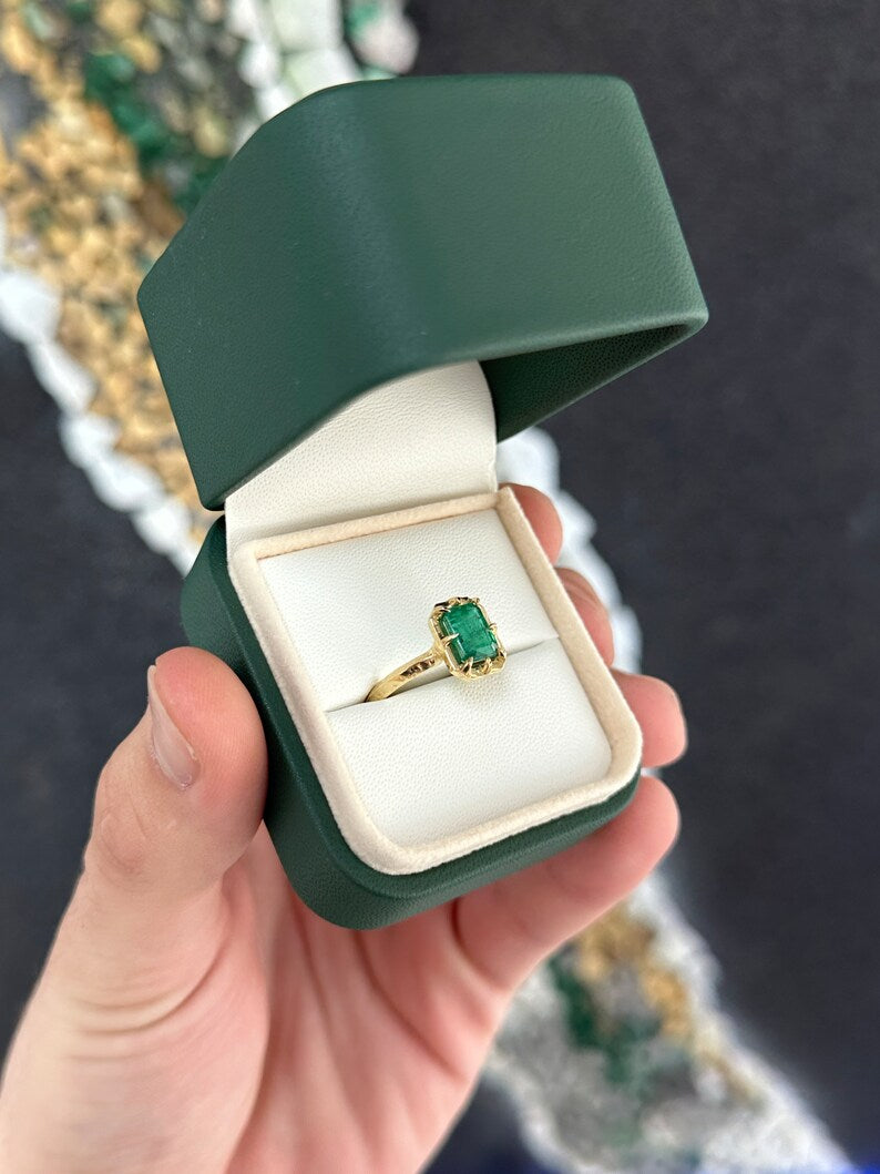 Exquisite Beauty: 1.69cts 14K Gold Intense Dark Green Natural Emerald Cut Solitaire 8 Prong Ring