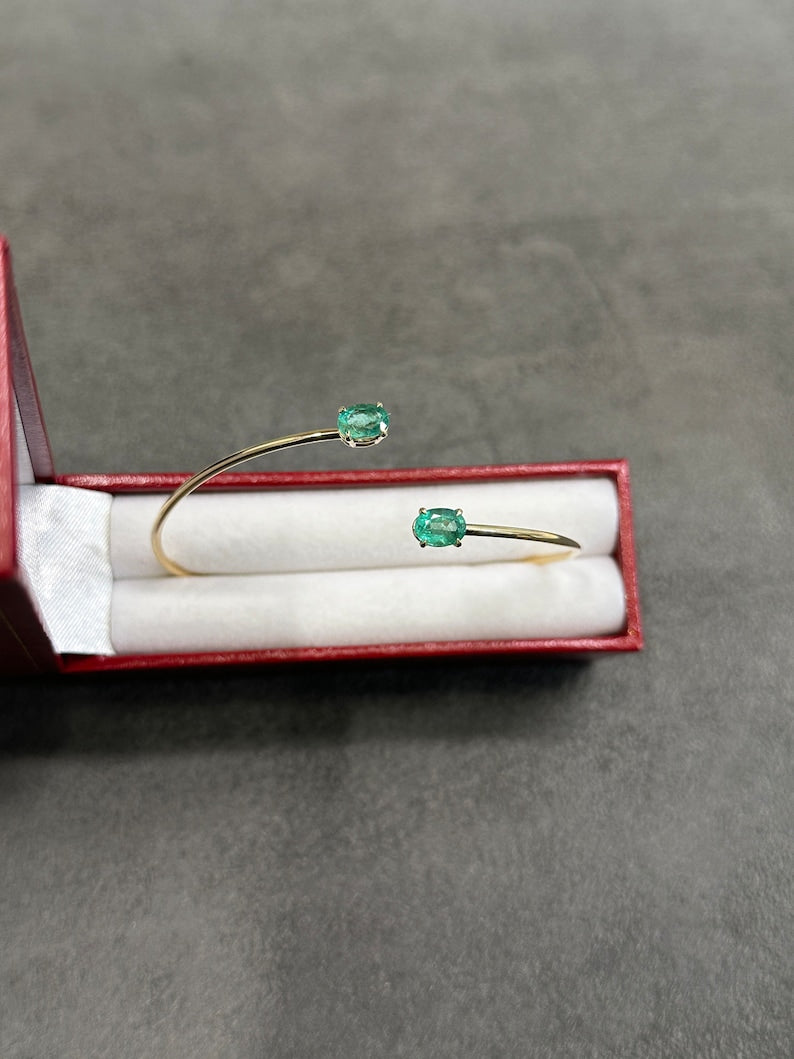 1.80tcw 14K Gold Vivid Medium Light Green Oval Cut Emerald Toi et Moi Cuff Bangle Bracelet