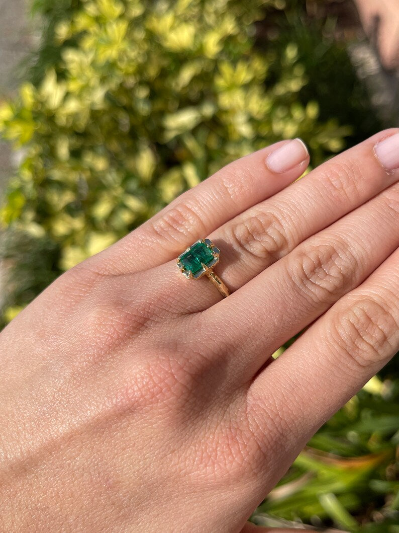 Classic Charm: Intense Dark Green Natural Emerald Cut Solitaire 1.69cts 14K Gold 8 Prong Ring