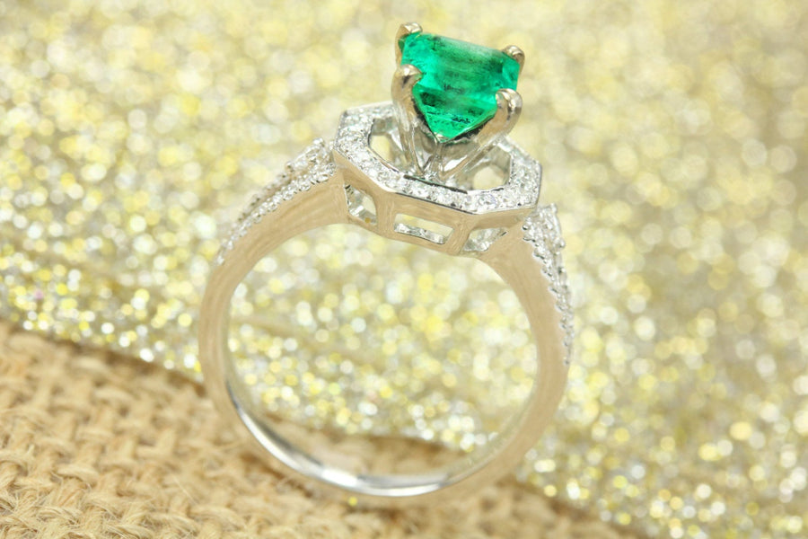 2.17tcw Genuine Emerald & Diamond Halo Engagement Ring White Gold 14K