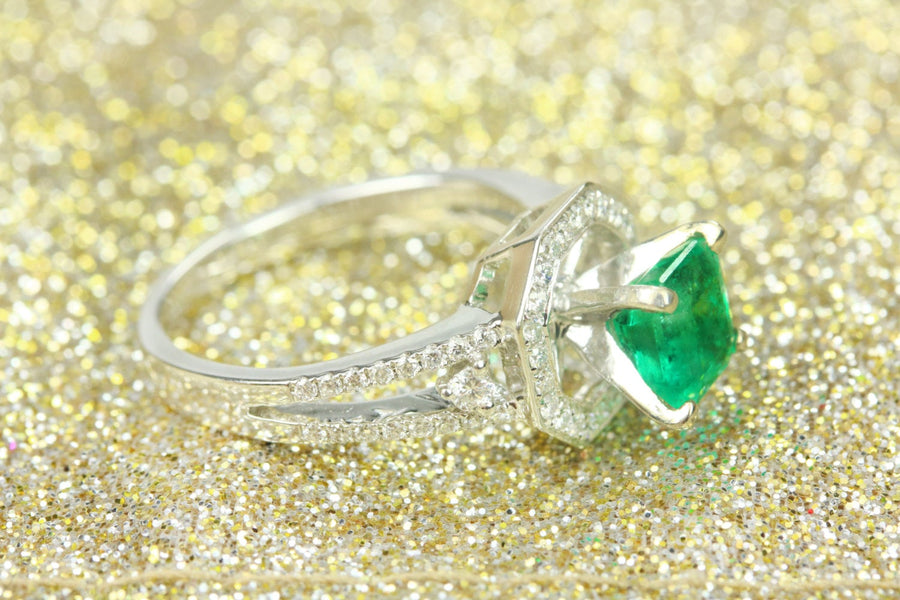 2.17tcw Square Emerald & Diamond Halo Engagement Ring 14k White Gold