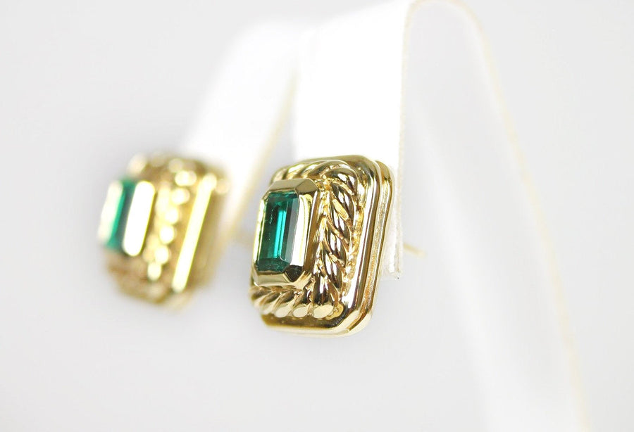 Bezel Set Hand Made 2.85 Carat Colombian Emeralds 14K Gold Studs