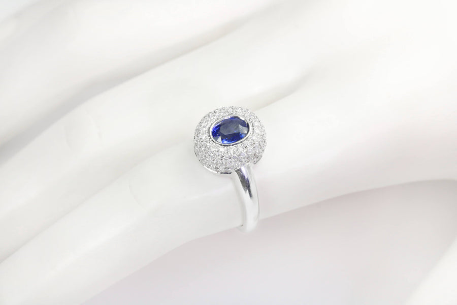 Oval Blue Sapphire & Diamond Halo 18K White Gold