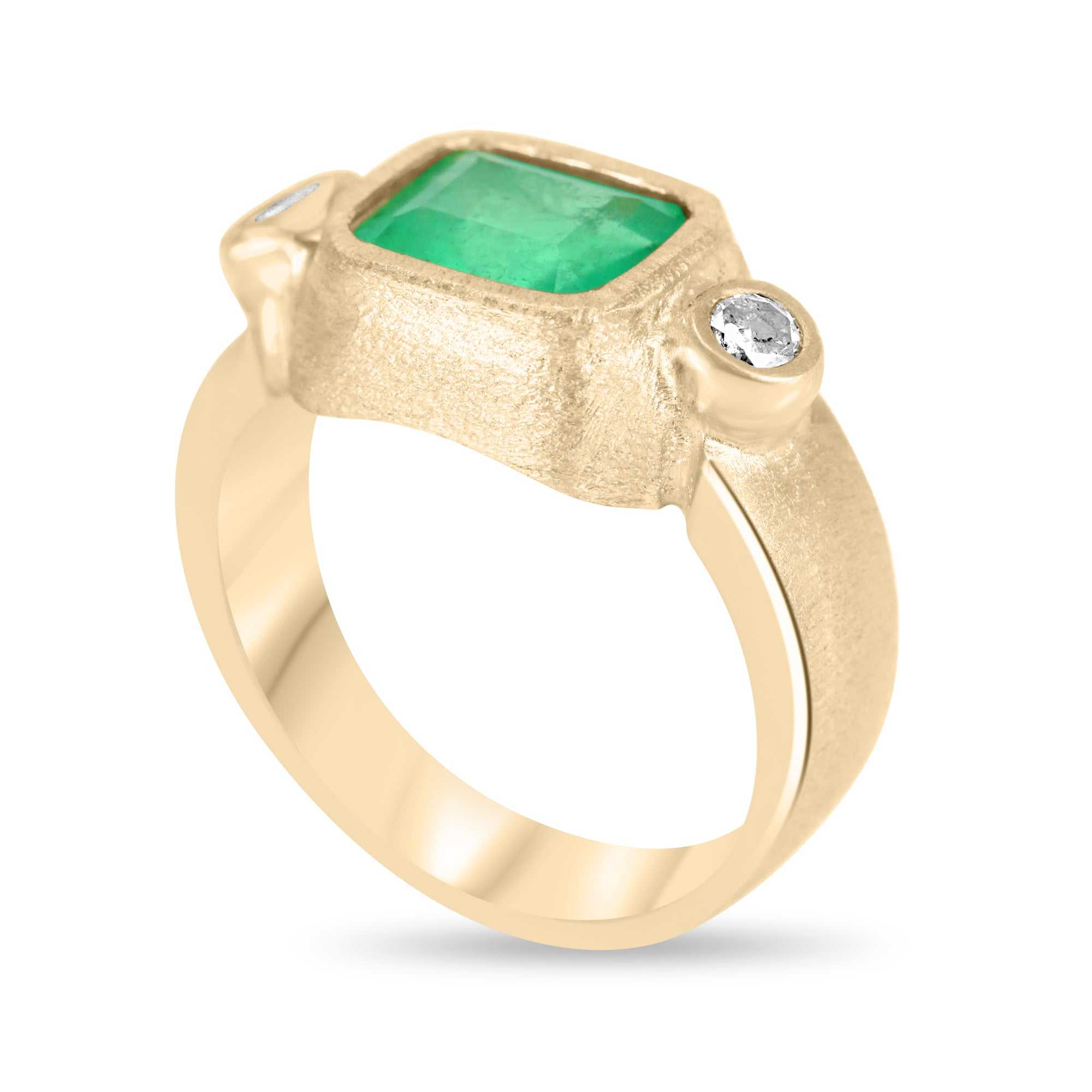 2.70tcw Colombian Emerald & Diamond Three Stone Bezel Ring 18K - JR Colombian Emeralds