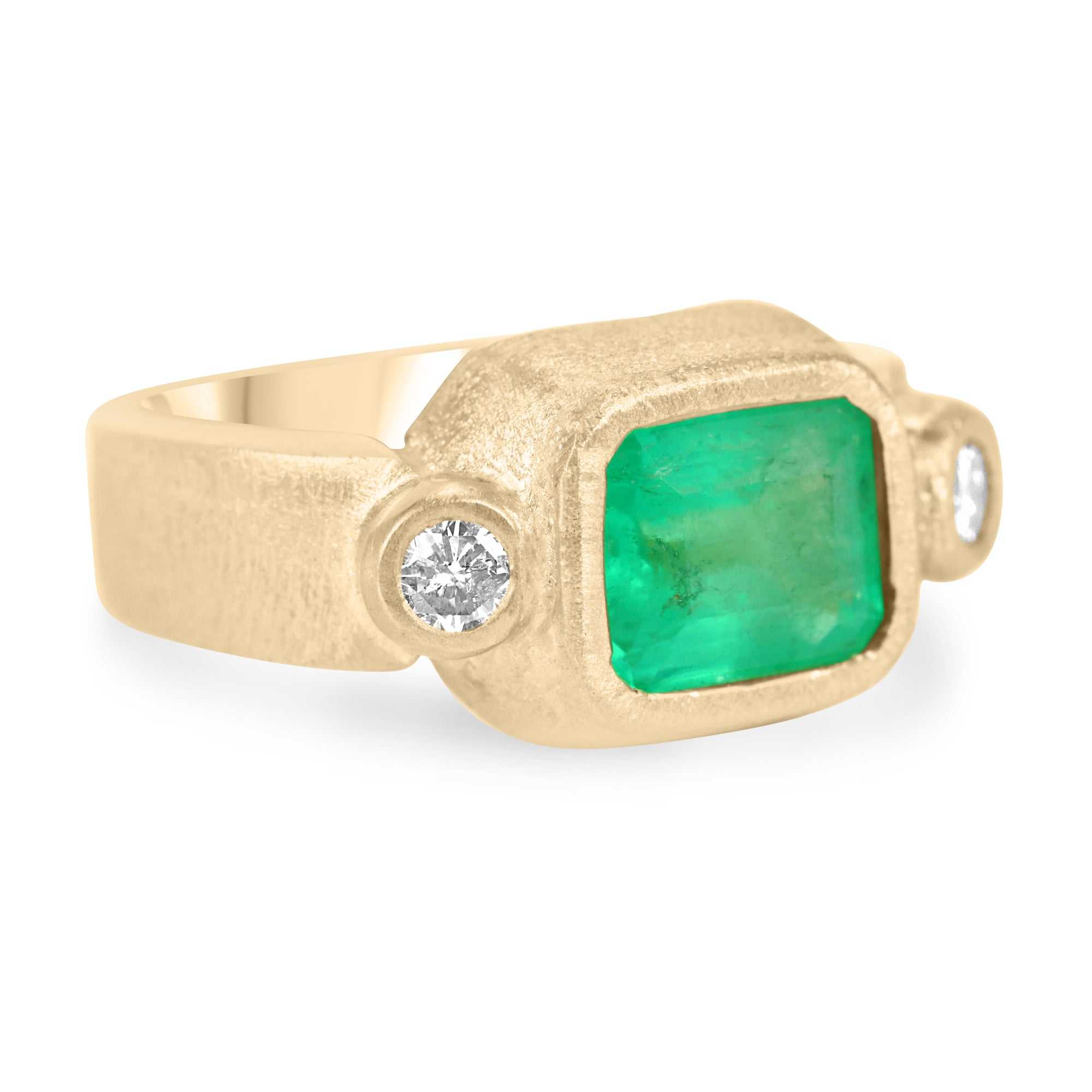 2.70tcw Colombian Emerald & Diamond Three Stone Bezel Ring 18K - JR Colombian Emeralds