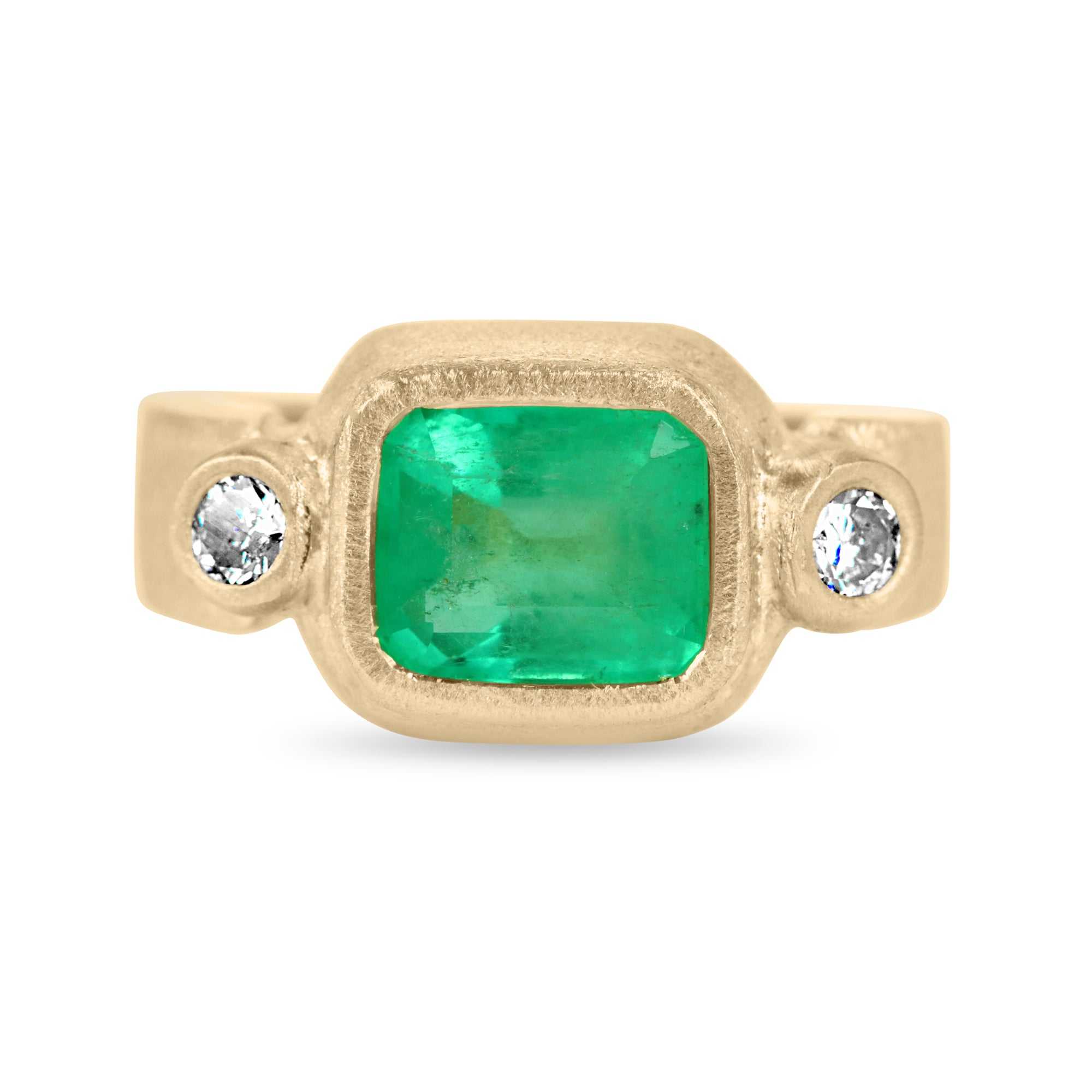 2.70tcw Colombian Emerald & Diamond Three Stone Bezel Ring 18K - JR Colombian Emeralds