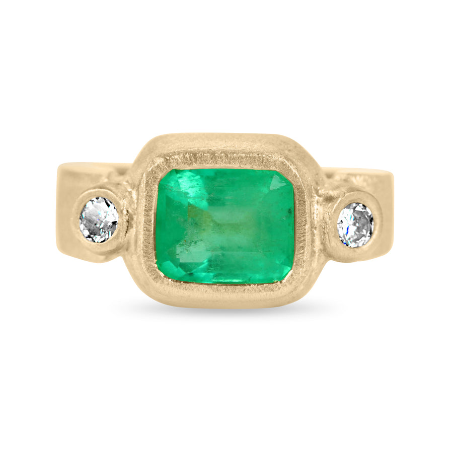 2.70tcw Colombian Emerald & Diamond Three Stone Bezel Ring 18K