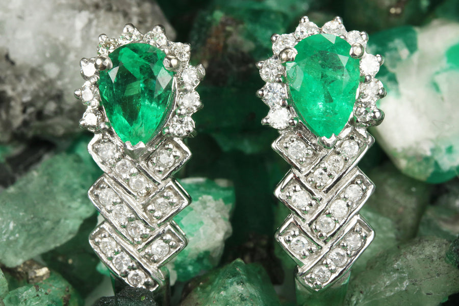 Tear Drop Colombian Emerald & Diamond Omega Earrings White Gold 14K