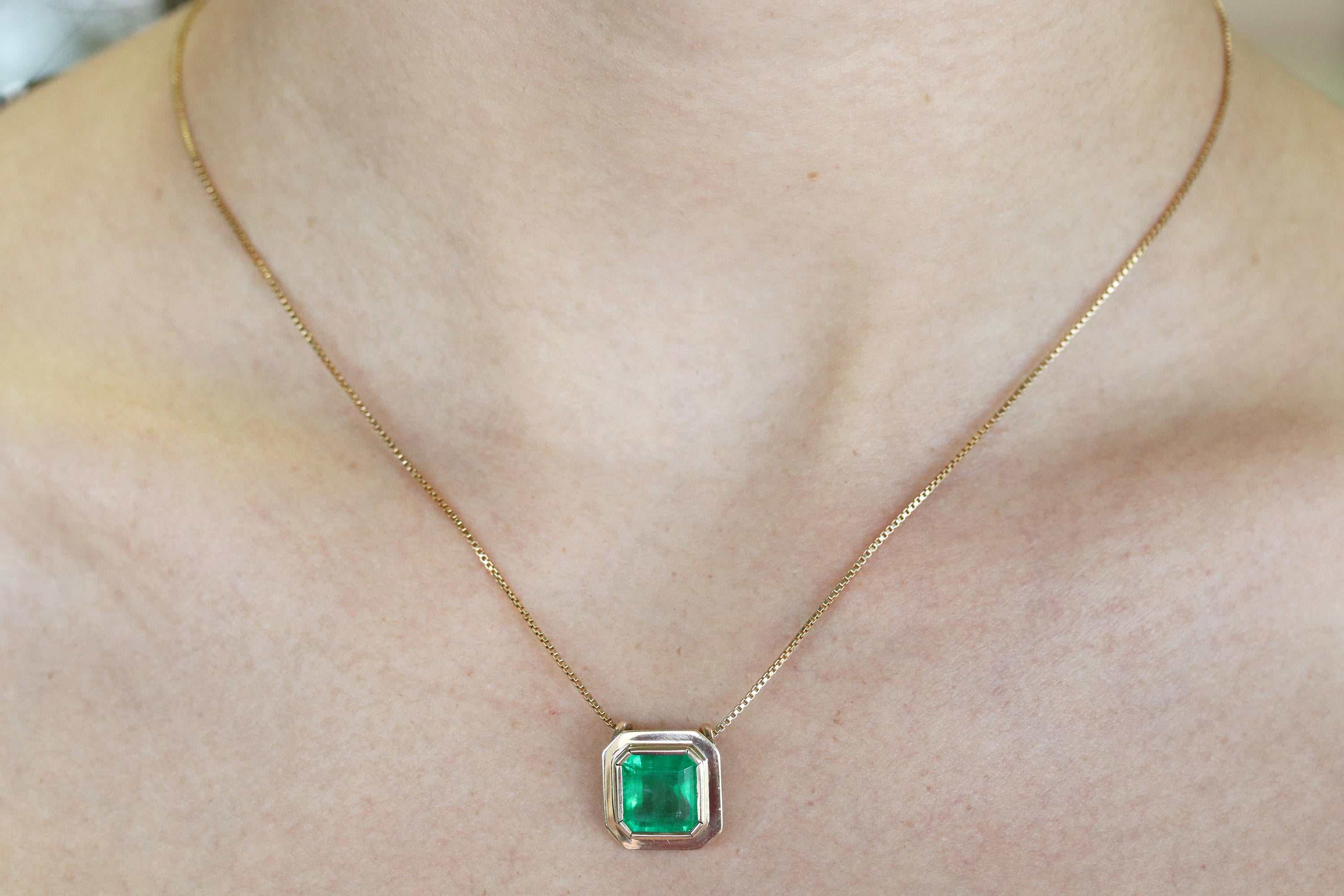 3.0cts Bezel Set Asscher Cut Rich Green Emerald Bezel Necklace 14K - JR Colombian Emeralds