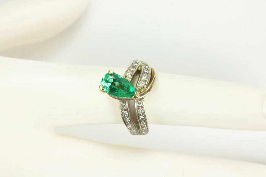 2.65tcw 14k Tear drop Colombian Emerald & Diamond Split Shank Ring