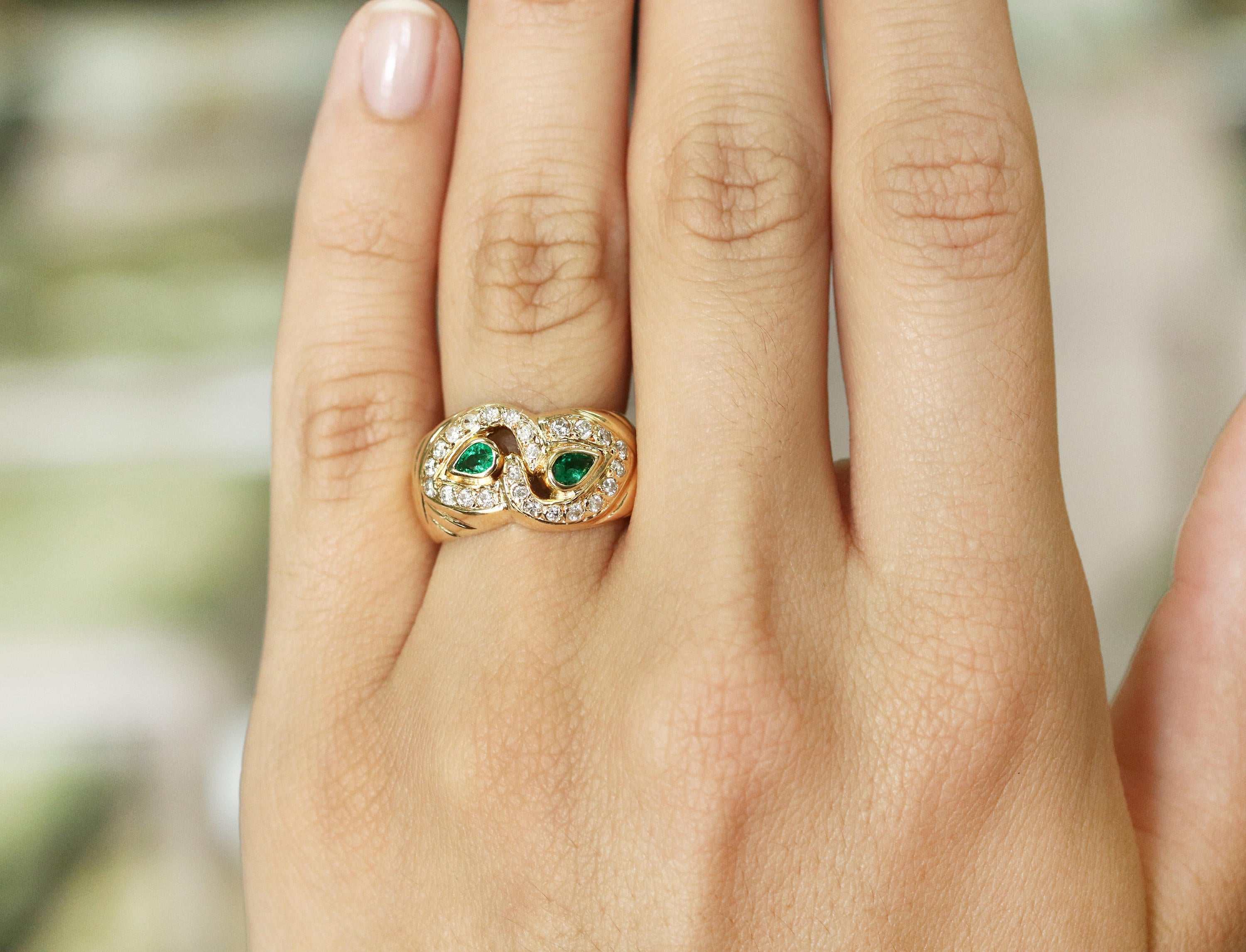 Organic 0.70tcw Double Pear Colombian Emerald & Diamond Wide Band 18K