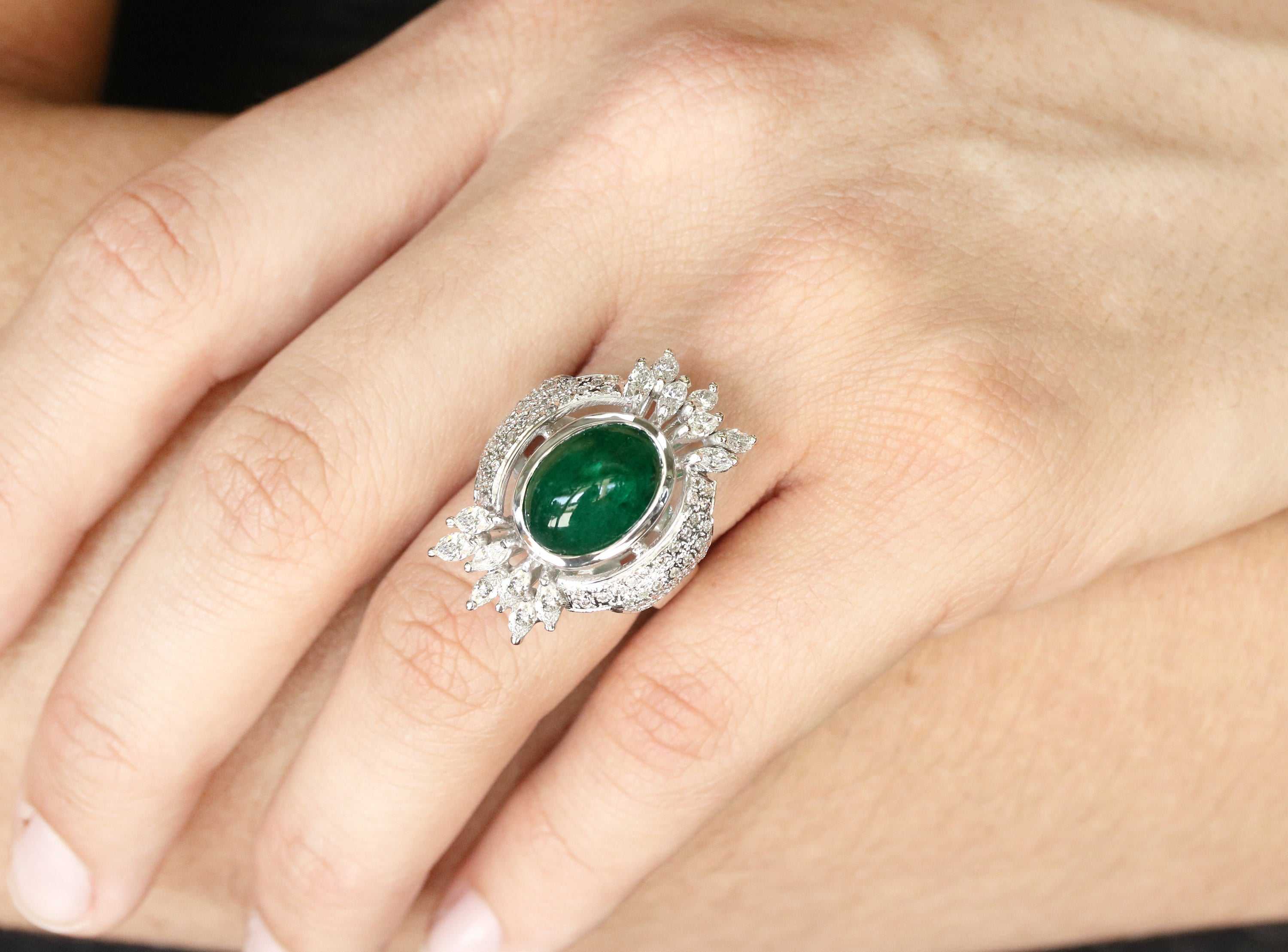 6.85 Carats Estate Emerald Cabochon & Diamond Cocktail Ring 