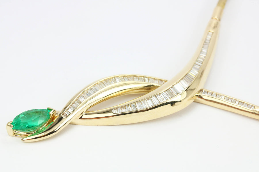 Emerald And Diamond Necklace, Marquise Emerald Gold Necklace, Emerald And Baguette Diamond Necklace Yellow Gold 