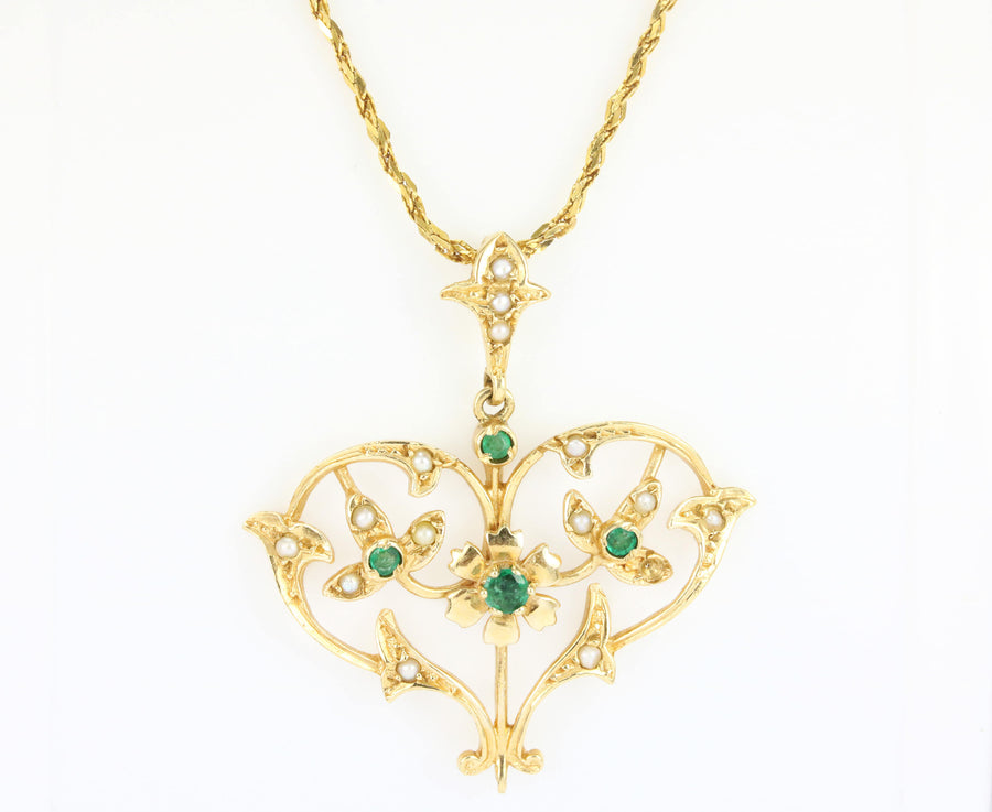 Victorian Colombian Emerald & Seed Pearl Heart Shaped Pendant 14K
