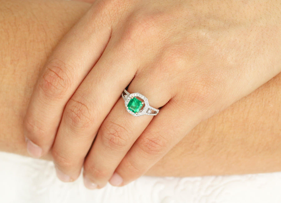 2.17tcw Asscher Emerald & Diamond Halo Engagement Ring 14k White Gold