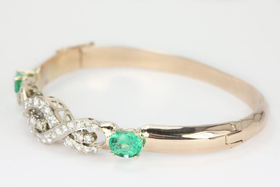  Round Diamond & Natural Oval Emerald Bangle Bracelet
