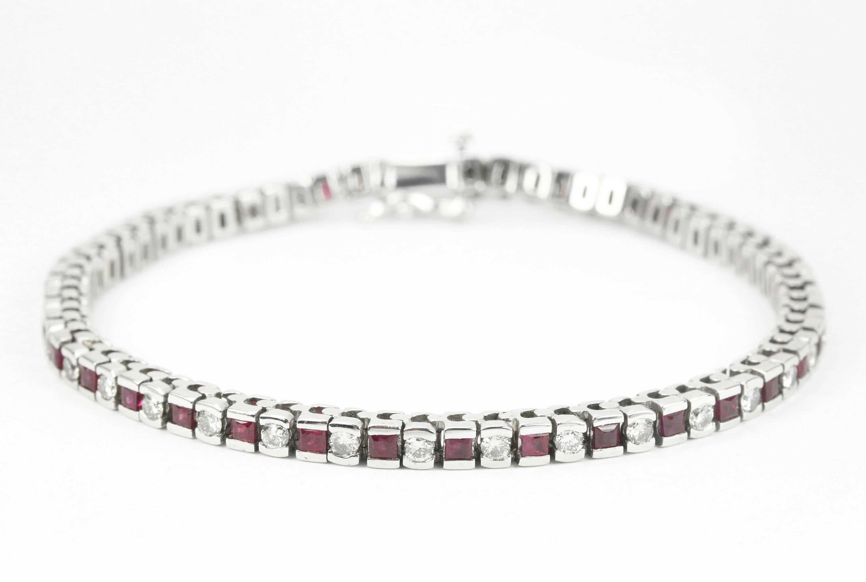 1.40 Carats Alternating Set Diamond and Ruby Bracelet in 14k White Gold Bracelet