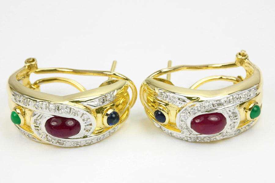 14K Emerald Ruby Sapphire & Diamond Omega Earrings