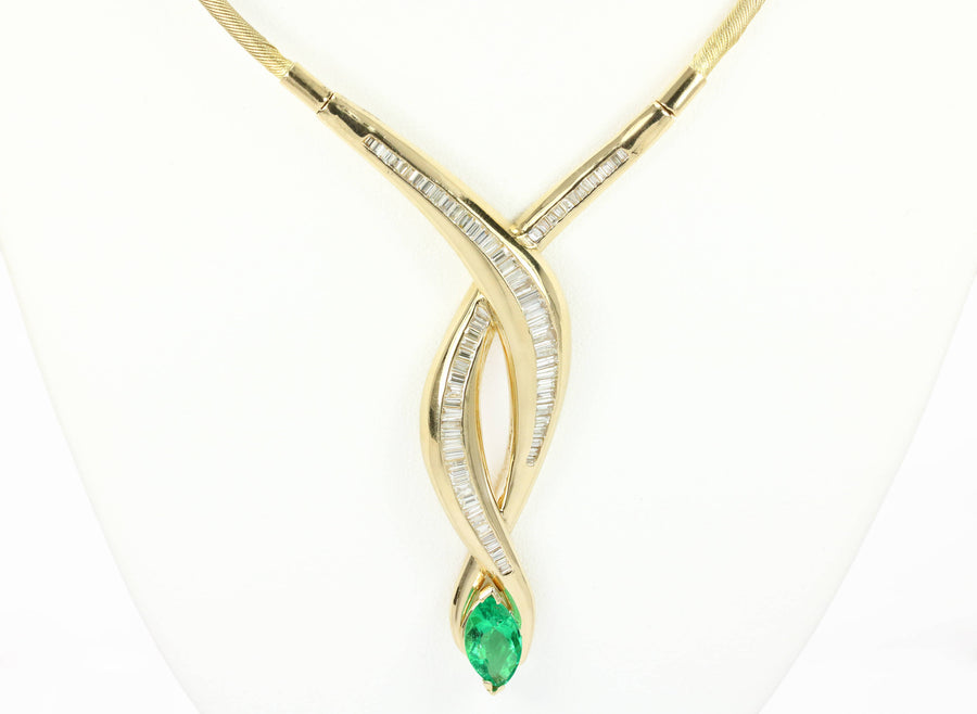 6.62 Carat Emerald And Diamond Necklace, Marquise Emerald Gold Necklace, Emerald And Baguette Diamond Necklace Yellow Gold 14K