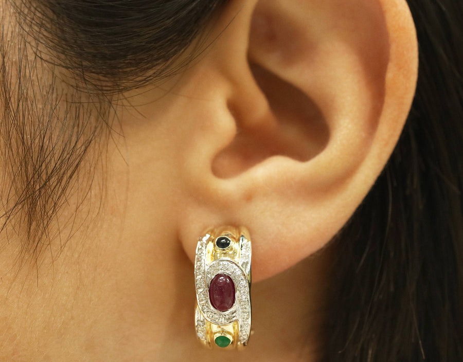 14K Emerald Ruby Sapphire & Diamond Omega Earrings