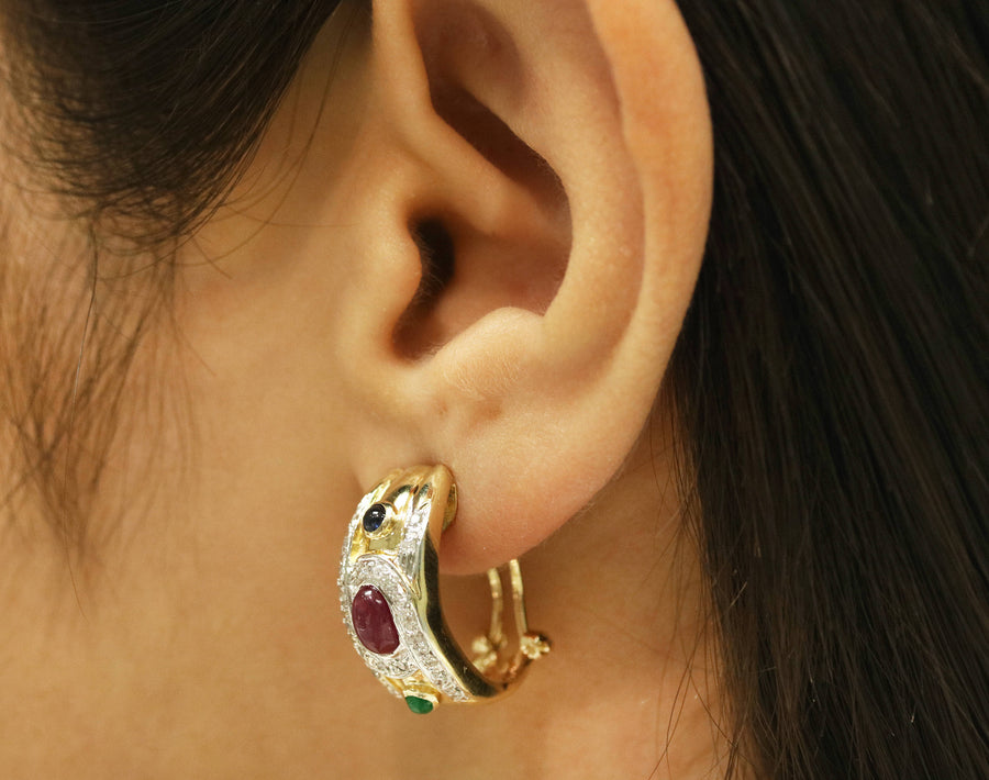 14K Emerald Ruby Sapphire & Diamond Omega Earrings for girls