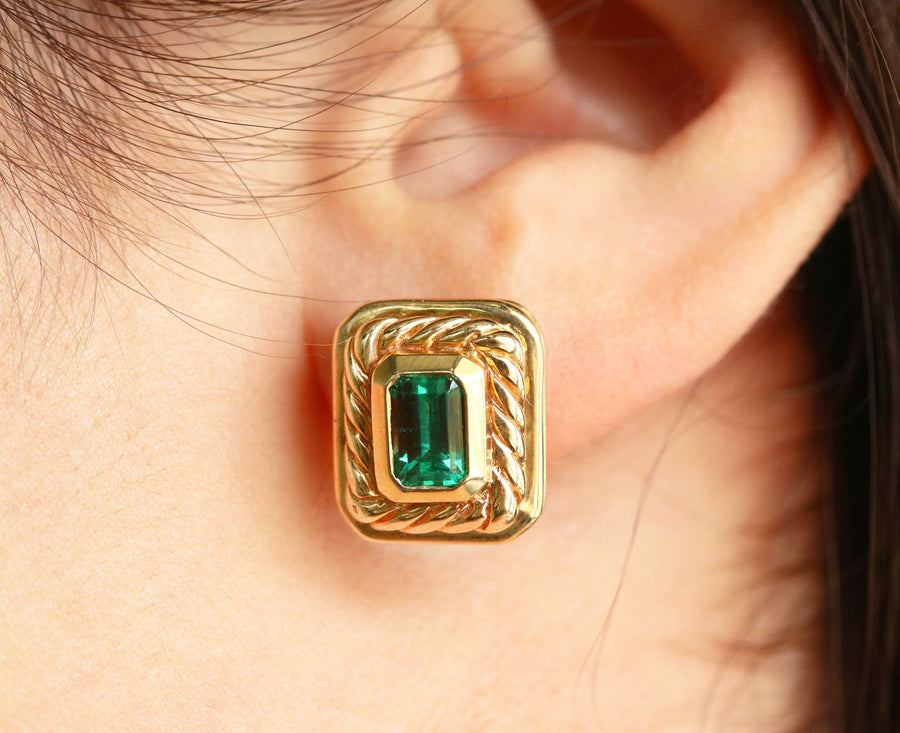 David Yurman Inspired Top Green 2.85 carat Colombian Emeralds Bezel Studs 14K