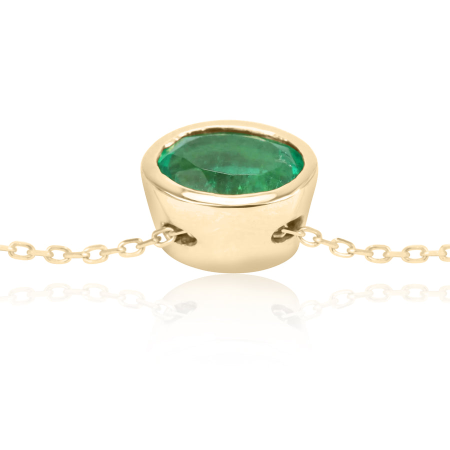 1.30 Carat Rich Green Bezel Set Oval Emerald Stationary Solitaire Slider Necklace 14K