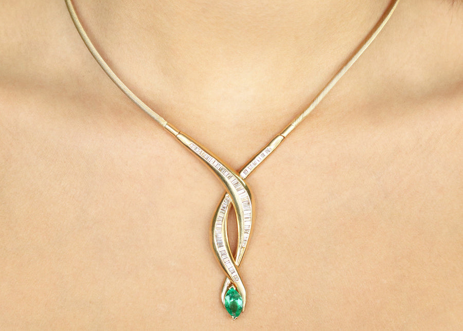6.62 Carat  And Diamond Necklace, Marquise Emerald Gold Necklace, Emerald And Baguette Diamond Necklace Yellow Gold 14K