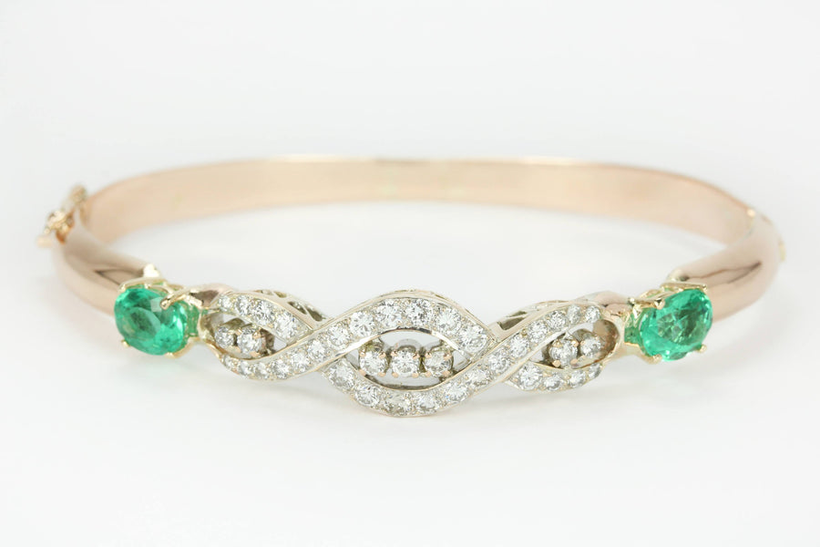 2.85tcw Round Diamond & Natural Oval Emerald Bangle Bracelet 14k