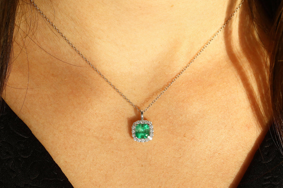 1.75tcw Cushion Emerald & Diamond Halo Necklace 14K