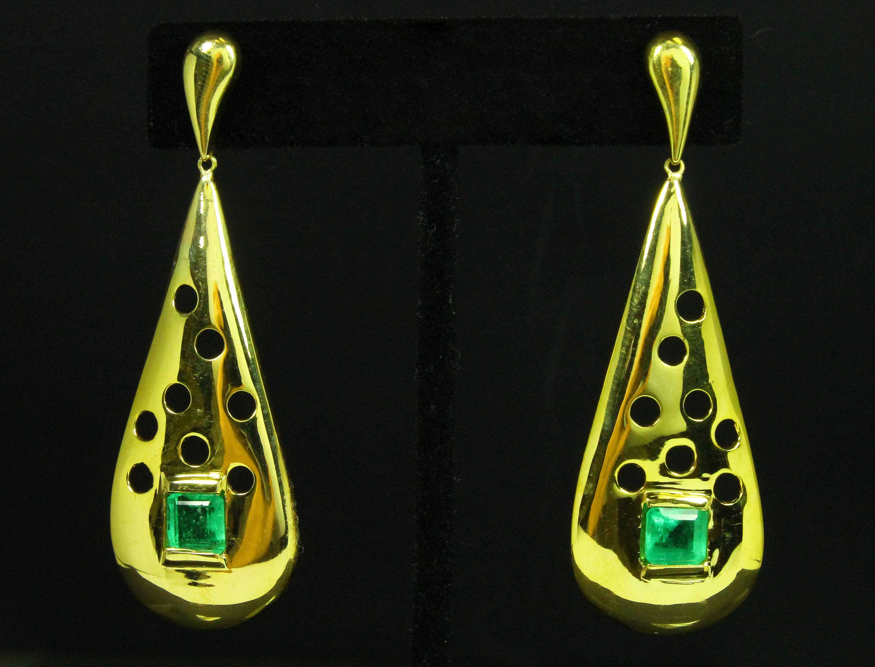 Green Emerald Dangle Earrings, Solid Gold Emerald Embellished Drop Dangle Earrings, Yellow Gold 14K