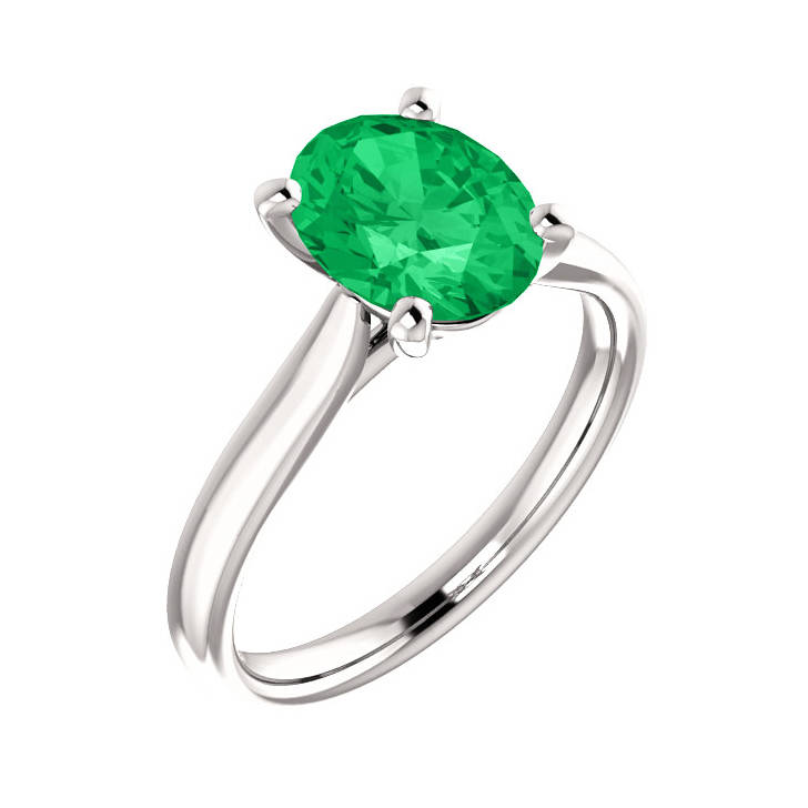AAA Oval Natural Emerald Scroll Ring in 14K White Gold