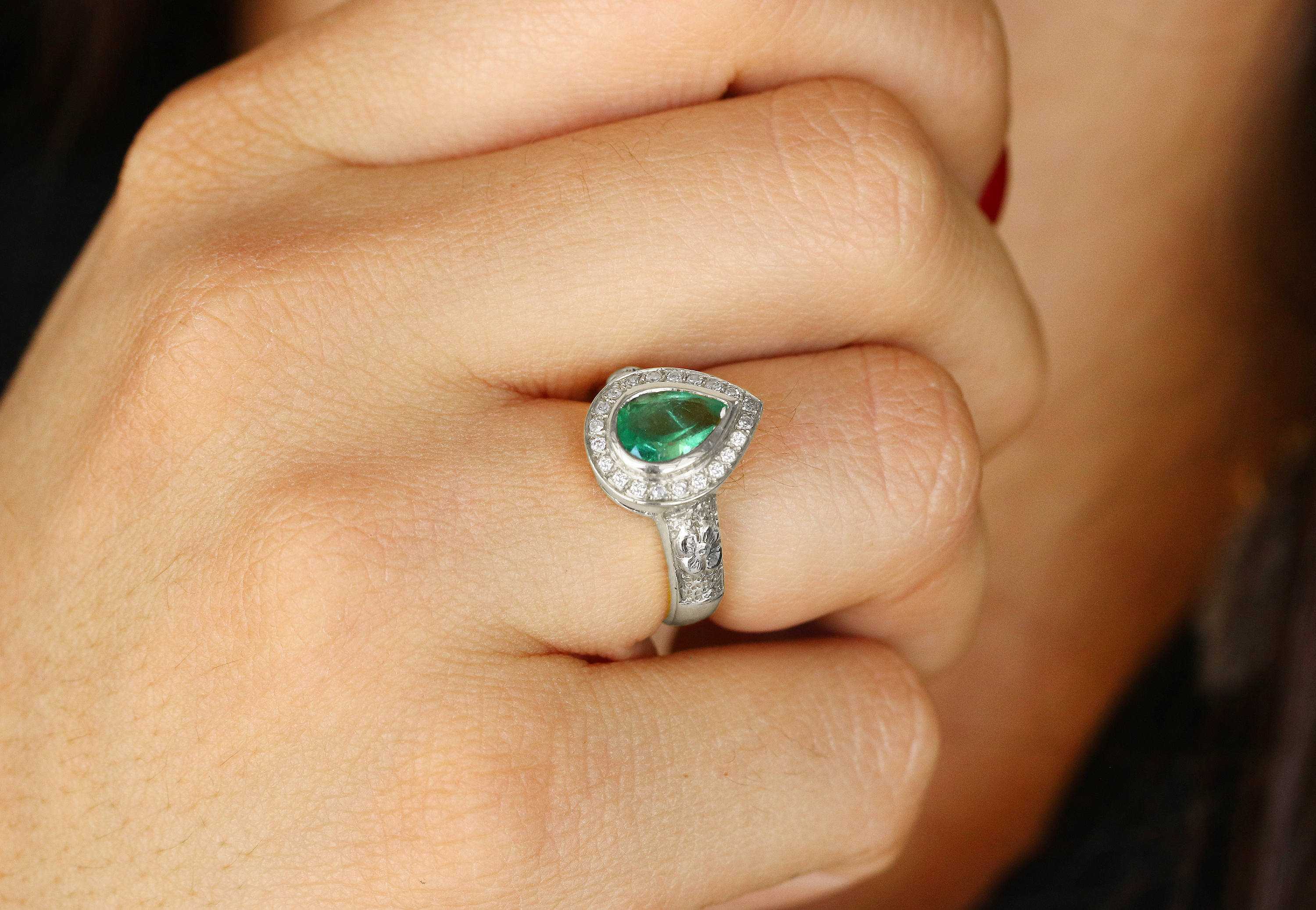 Emerald & Diamond Halo Floral Ring 14K