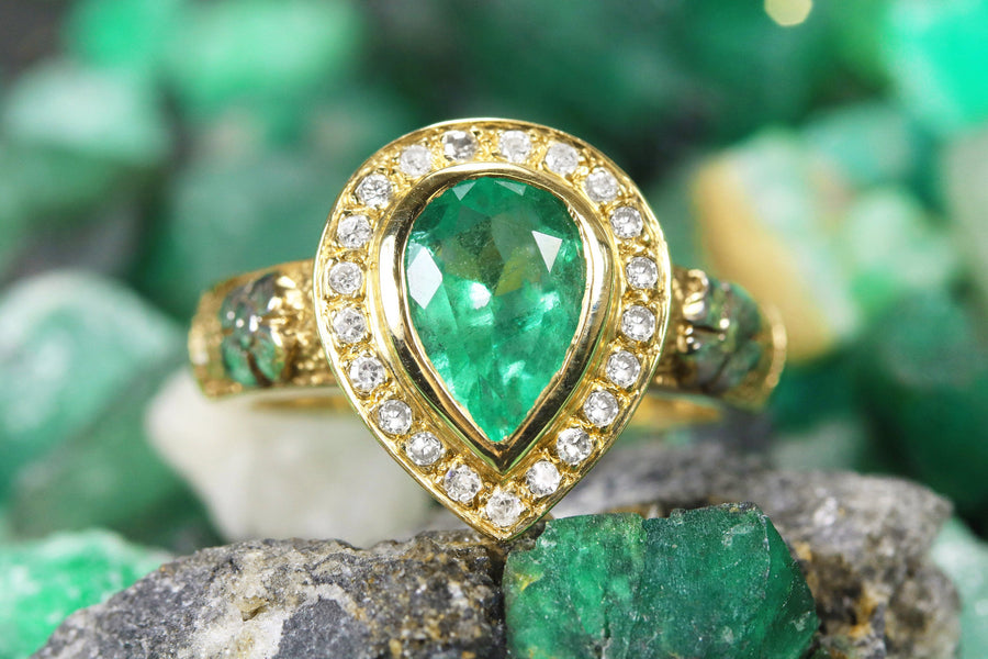 1.95tcw Pear Emerald & Round Diamond Bezel Halo Carved Floral Ring 14K