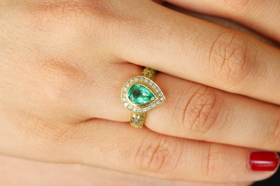 1.95tcw Pear Green Emerald & Diamond Halo Floral Bezel Ring 14K