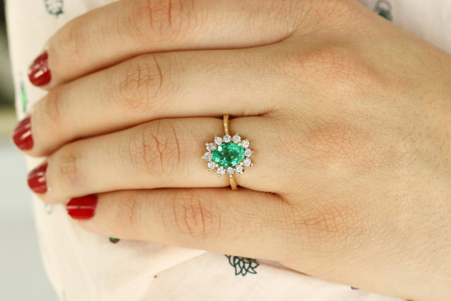 Oval Emerald & Diamond Princess Diana Ring 14K