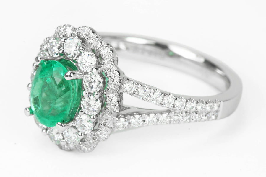 Oval Emerald & Diamond Halo Split Shank Engagement Ring 14K