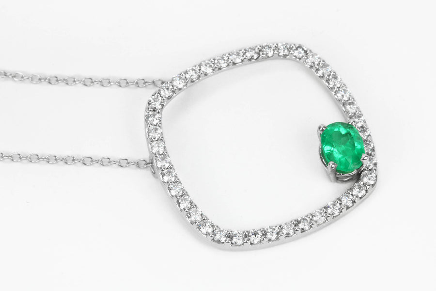  Floating Oval Emerald & Diamond Open Halo Necklace 14K